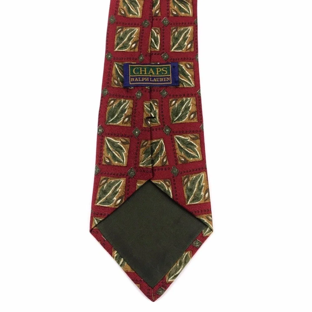 Purple Label CHAPS Ralph Lauren Red Green Leaves Nature Silk Men's Tie Necktie